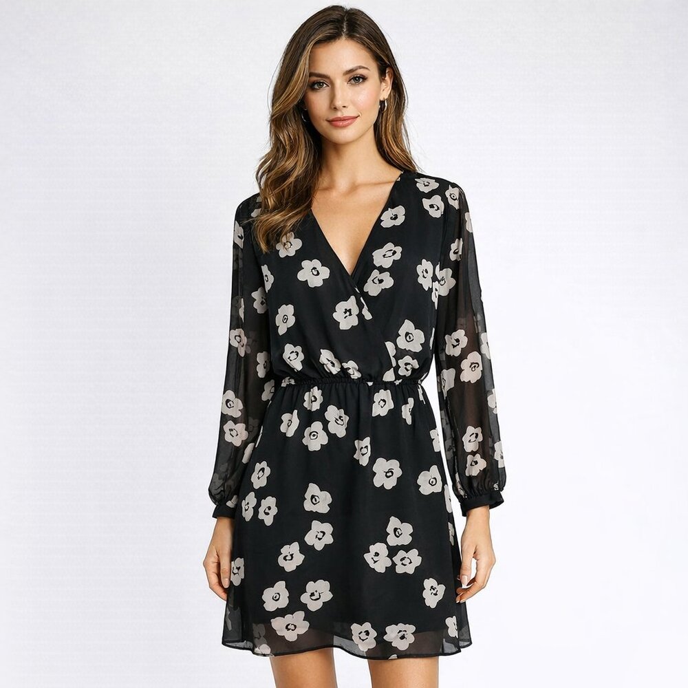 Express Black Floral Long Sleeve V-Neck Mini Dress (M, Black)